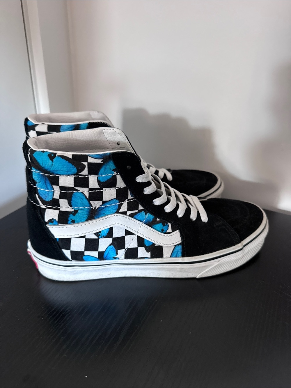 Vans Sk8-Hi MTE Blue Butterfly and black and white checkerboard pattern